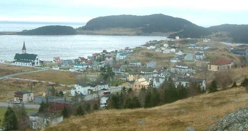 View of Trinity, Trinity Bay, NL from Gun Hill, including St. Paul's Anglican Church and looking southeast towards Hill Street out to Hog's Nose and Trinity Harbour, with Admiral's Point in the background, 2005.; Trinity Historical Society Archives
