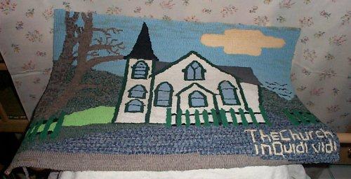 Photo of traditional Newfoundland hooked mat, showing the front facade of Christ Church, Quidi Vidi, Newfoundland.; O'Dea's Auction Room, Newfoundland, 2006