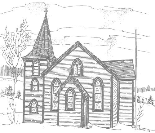 Pen and ink drawing of Christ Church, Quidi Vidi, St. John's, by Newfoundland artist Jean Ball, 1975.; Newfoundland Historic Trust 2006