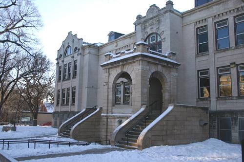 Primary elevation details of Laura Secord School, Winnipeg, 2006; Historic Resources Branch, Manitoba Culture, Heritage and Tourism, 2006