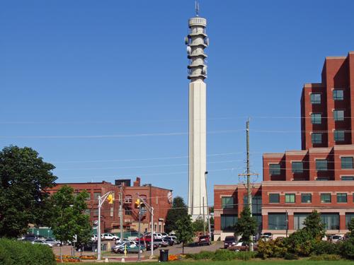The Aliant Tower rises 127m above street level, 46m higher than Place L'Assomption, the tallest office building in the New Brunswick.; Moncton Museum