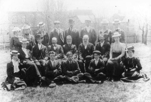 Showing Samuel N. Robertson second from left in second row - with the bowler hat; PEI PARO Accession #3381/2