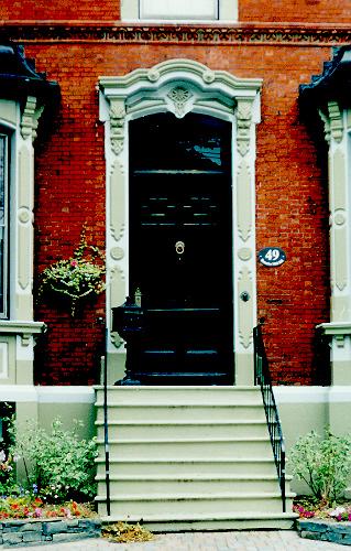 Detail of front door showing cast iron trim door surround, 049 Rennie's Mill Road, St. John's.; HFNL 2006.