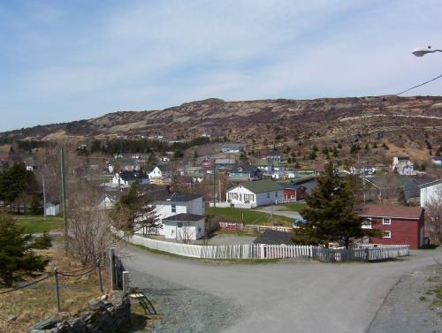 View of Brigus Historical Zone from St. George's Church steps.  Photo taken May, 2006, looking northeast.; HFNL/ Deborah O'Rielly 2006.