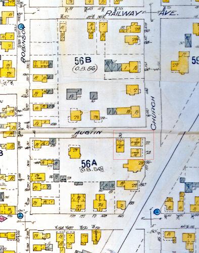 The corner of Austin Street and Church Street is outlined in red.  The easternmost property on the south side of Austin Street is 134 Church Street.; Moncton Museum