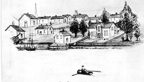 The development of Moncton's riverside property, owned largely by Ezekiel Taylor, is portrayed in this 1855 sketch.; Moncton Museum