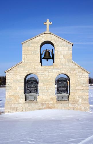 Primary elevation, from the south, of the Bell Tower of the Ukrainian Catholic Church of St. Michael the Archangel, Tyndall, 2005; Historic Resources Branch, Manitoba Culture, Heritage, Tourism and Sport, 2005