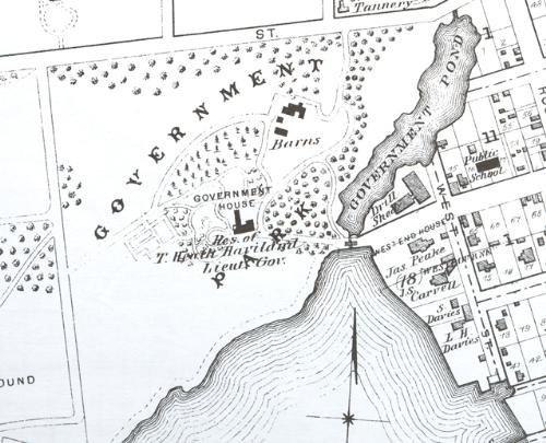 Engraved map showing barns behind Government House; Meacham's Illustrated Historical Atlas of PEI, 1880