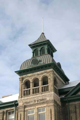 View of the tower of Isbister School, Winnipeg, 2006; Historic Resources Branch, Manitoba Culture, Heritage, Tourism and Sport, 200
