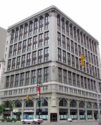 Primary elevations, from the southeast, of the Paris Building, Winnipeg, 2005; Historic Resources Branch, Manitoba Culture, Heritage, Tourism and Sport, 2005