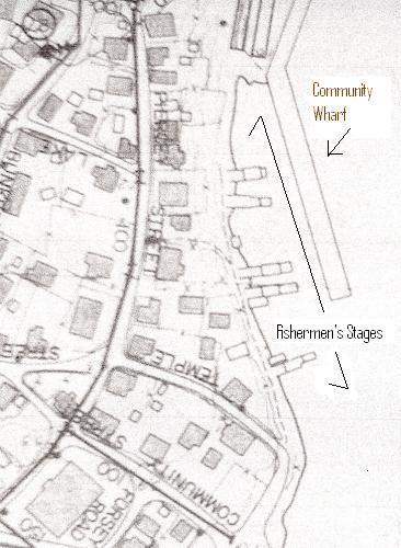 Map showing Fortune Fishing Sheds, Fortune, NL in relation to Community Wharf.; HFNL 2006