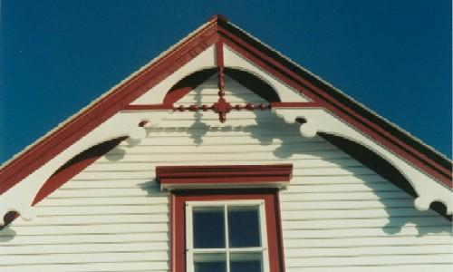 Photo of gable end decoration, Henry Tremblett House, Bonavista, NL, circa 2002, after restoration work; HFNL 2002