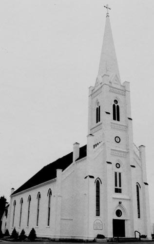 Southwest view of the church; La Société historique de la Valleé de Memramcook