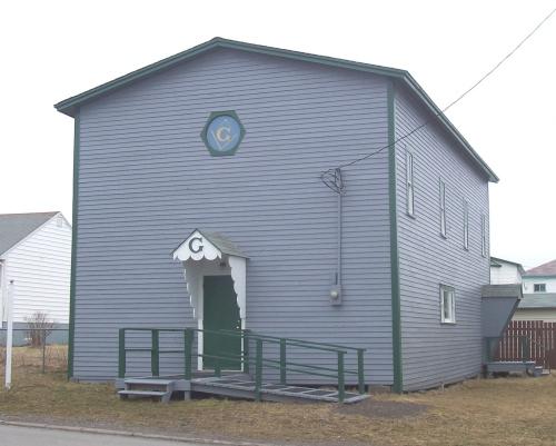 View looking west of Victoria Hall Masonic Lodge #1378, Fortune, NL  showing the main facade. Photo taken April 2006. ; HFNL/Andrea O'Brien 2006