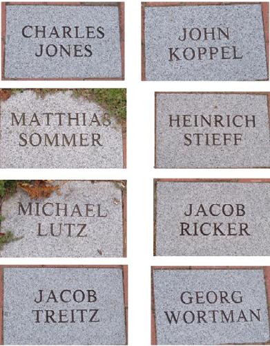 The stone nameplates list names of the first permanent settlers to Moncton.; Moncton Museum