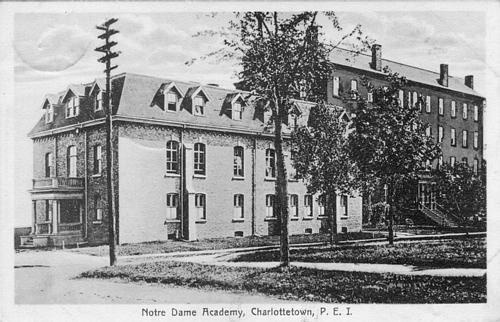 Showing 1911 annex of Notre Dame Academy in the foreground; Postcard - Courtesy Doug Murray, Postal Historian, n.d.