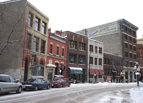 Contextual view, from the west, of the Grange Building, Winnipeg, 2005; Historic Resources Branch, Manitoba Culture, Heritage and Tourism, 2005