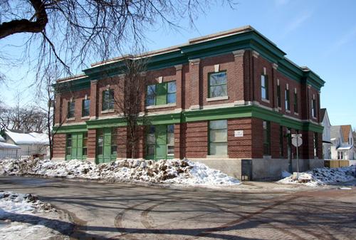 Primary elevations, from the northeast, of the North-End Police Substation, Winnipeg, 2006; Historic Resources Branch, Manitoba Culture, Heritage and Tourism, 2006