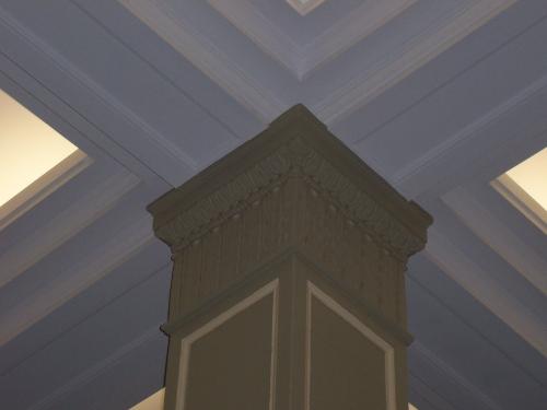 Detail of interior Corinthian pillar with heavy ceiling moldings.  There are several pillars located inside the building, and the ceiling is divided by heavy moldings as shown.  Photo taken September 2006.; HFNL/ Deborah O'Rielly 2006