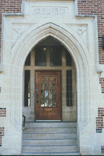 View of main entrance highlighting the original signage and Gothic arch, 2005.; Ross Herrington, 2005