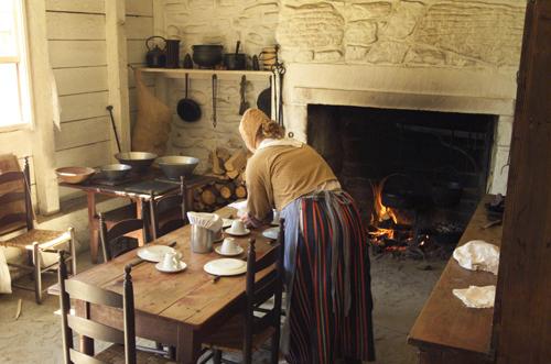 Interior view - kitchen and stove of Blackhall, one of the buildings of the Village Historique Acadien; Village Historique Acadien