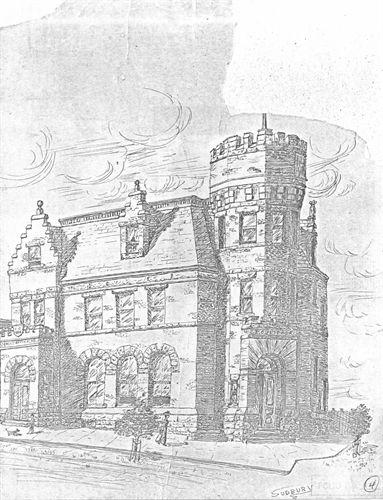 Period sketch Sydney Mines Post Office. Possibly ca 1904. Note single third floor step-gable window, reflecting original plans.; JW Sudbury artist, undated. Courtesy of Nova Scotia Heritage Property Program files.