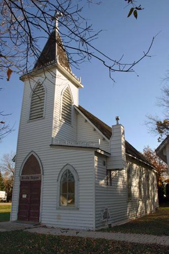 Primary elevations, from the southwest, of All Saints Anglican Church, Dominion City, 2006; Historic Resources Branch, Manitoba Culture, Heritage and Tourism, 2006