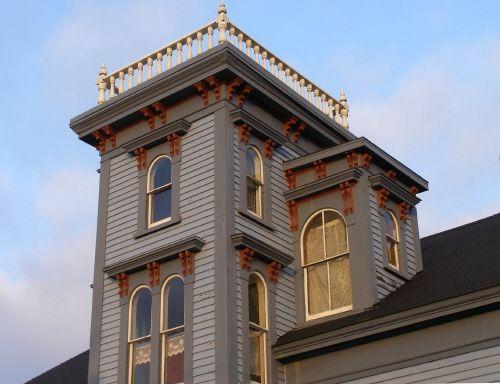 Detail of tower, attached dormers and paired bracket trim on the Ellery Scott House, Yarmouth, NS.; Heritage Division, NS Dept. of Tourism, Culture & Heritage, 2006
