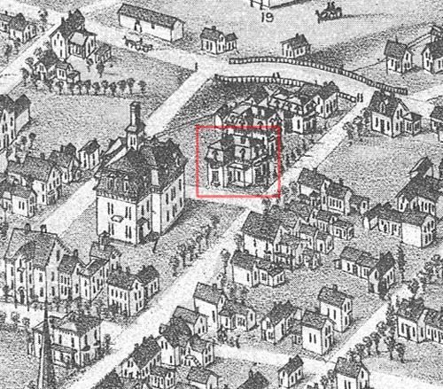 The C. D. Thomson Residence appears on the bird's-eye-view map of Moncton in 1881, three years after its completion.; Moncton Museum