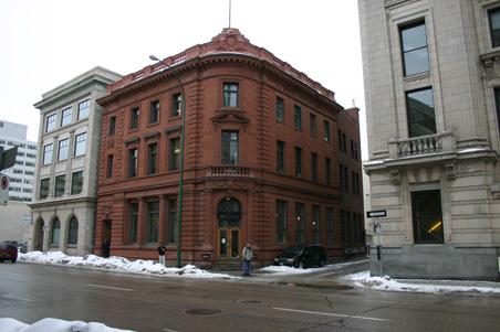Contextual view, from the northeast, of the Canada Permanent Building, Winnipeg, 2006; Historic Resources Branch, Manitoba Culture, Heritage, Tourism and Sport, 2006