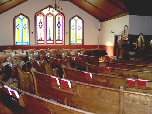 Interior view of Treherne United Church, Treherne, 2006; Historic Resources Branch, Manitoba Culture, Heritage, Tourism and Sport, 2006