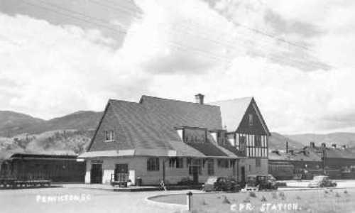 Exterior historic view of the Kettle Valley Railway Station, pre-1945; Penticton Museum
