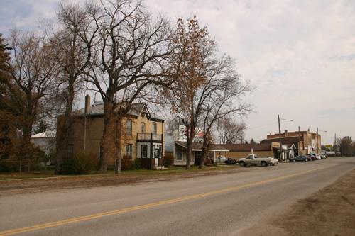 Contextual view, from the southwest, of the Fowler House (visible on the left), Baldur, 2006; Historic Resources Branch, Manitoba Culture, Heritage and Tourism, 2006