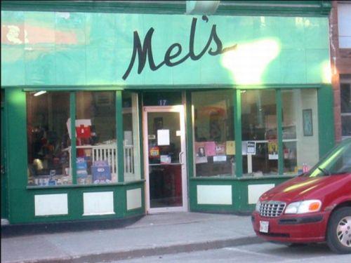 Mel's Tea Room - Front entrance - Note the Carrera glass; Town of Sackville