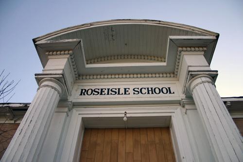 Detail view of the main entrance of Roseisle School, Roseisle, 2006; Historic Resources Branch, Manitoba Culture, Heritage and Tourism, 2006