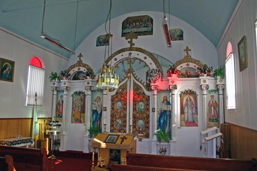 Interior view of the Ukrainian Greek Orthodox Church of the Holy Transfiguration, Menzie area, 2006; Historic Resources Branch, Manitoba Culture, Heritage and Tourism, 2006