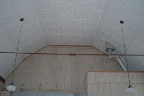 Modified gambrel tin ceiling, All Saints Anglican Church, Bayswater, Nova Scotia, 2007.; Heritage Division, Nova Scotia Department of Tourism, Culture and Heritage, 2007