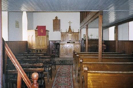 Interior of the Wheatwyn Church viewing the sanctuary from the nave, 2006; Ross Herrington, 2006.