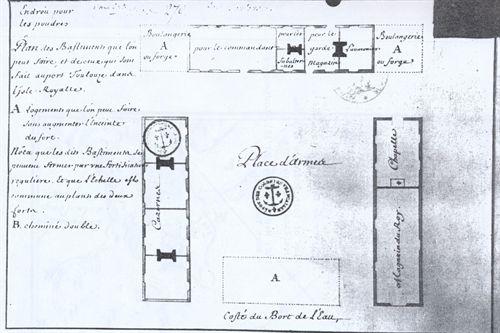 Plan of buildings to be constructed and of those already built at Port Toulouse, Nova Scotia, circa 1717; Library and Archives Canada/Maps, Plans and Charts 
collection/ Accession, C15697