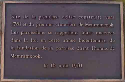 Plaque intalled on the base in 1981 to commemorate the parish's bicentennial.; Memramcook Valley Historical Society