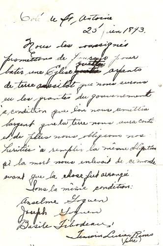 This letter states that the founders of the village are giving four lots of land to allow for the construction of the first church as soon as they receive the grants requested of the government.; Valmond Léger Collection