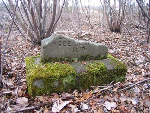 Broken tombstone found in the brush near the former site of the old churches ; Daniel Léger