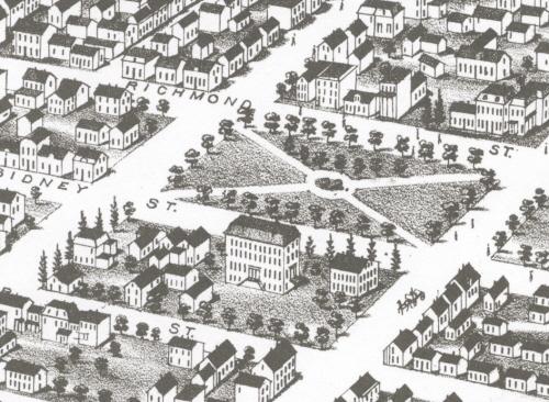 Showing drawing of Square and surrounding streetscape; Panoramic View of Charlottetown - 1878