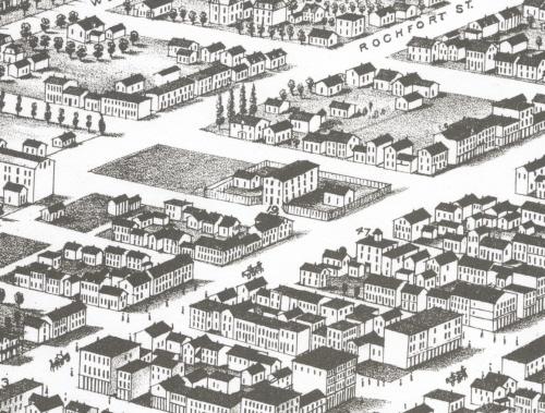 Showing jail and fenced yard on Pownal Square; Panoramic View of Charlottetown, 1878