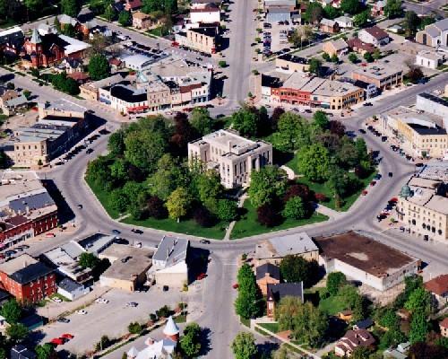 An aerial view of the Square, looking north-east, in alignment with Montreal and Hamilton Streets.; Gord Strathdee, May 12th, 2001