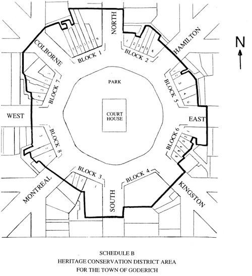 A plan outlining the boundaries of the Square heritage conservation district.; Town of Goderich by-law 1993-26, Schedule B