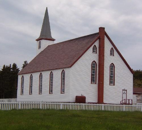 Photo exterior view of rear and left sides of Elliston United Church, Elliston, NL, summer 2006; L Maynard, HFNL, 2007