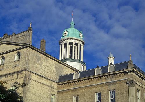 Detail view of St. Lawrence Hall, showing features of the hall contributing to the Italianate style.; Parks Canada Agency / Agence Parcs Canada.