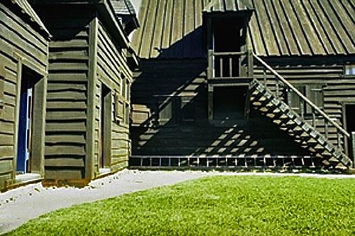 Detail view of Port-Royal showing the design believed to be typical of 17th-century rural French architecture with wooden construction materials, 1979.; Parks Canada Agency / Agence Parcs Canada