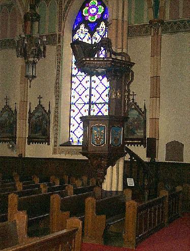 This wooden pulpit is a rare surviving example in Ontario of indigenous French-Canadian carving.; City of Windsor, Nancy Morand
